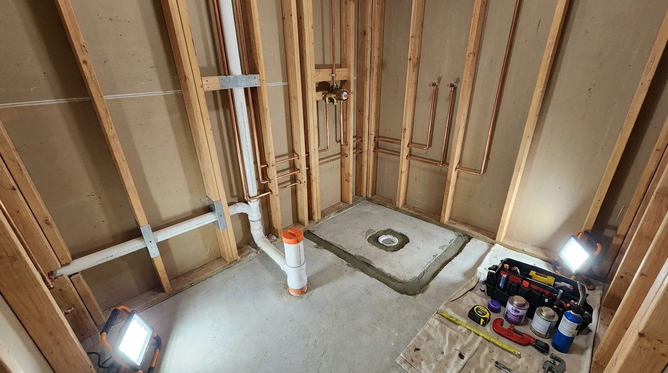 Bathroom rough-in plumbing during remodel by Johns Plumbing LLC in Wethersfield