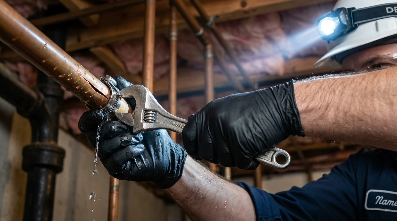 Emergency pipe clamp repair being performed by a Johns Plumbing LLC plumber in Wethersfield